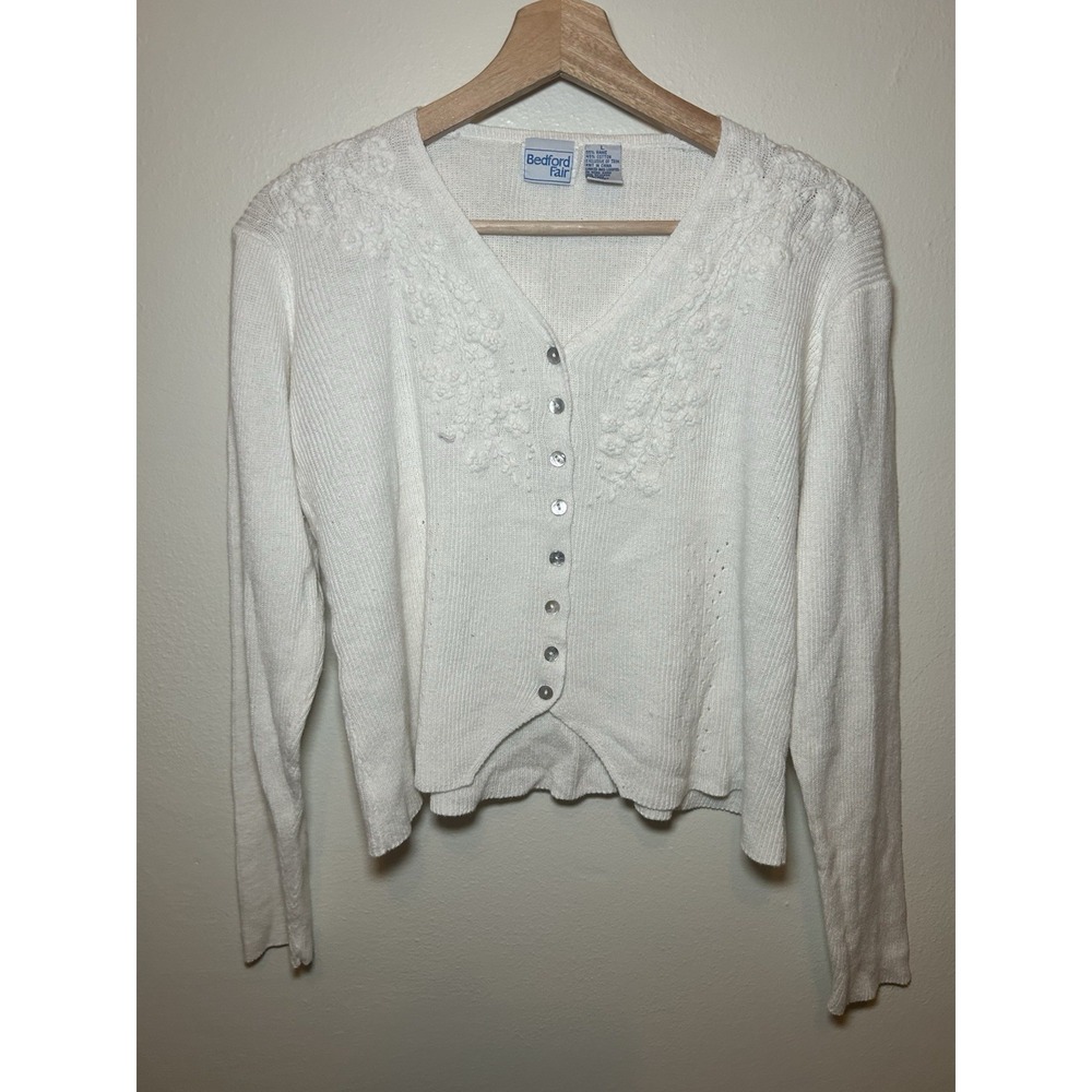Bedford Fair Vintage Cotton Blend White Scalloped Hem Cardigan‎